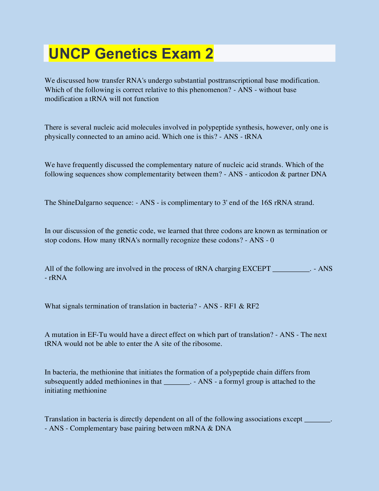 Preview image of UNCP Genetics Exam 2 document